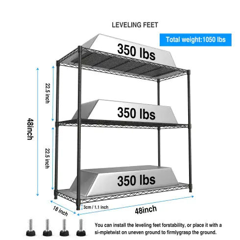 3 Tier Wire Shelving Unit, 1050 LBS NSF Height Adjustable Metal Garage Storage Shelves, Heavy Duty Storage Wire Rack Metal Shelves - Black - Agape Seven Clothing Company