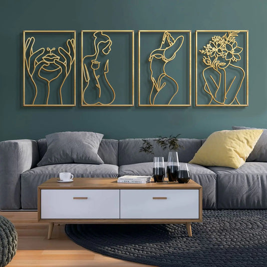Glamativity 4 Pack Gold Wall Art Décor Minimalist Décor Single Line Art Wall Décor Real Metal Wall Art Abstract Wall Art (Gold Classic Style M Size 17 x 11.8) - Agape Seven Clothing Company