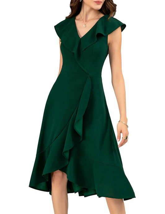 Meetjen Womens Elegant Cocktail Dress for Wedding Guest Fit and Flare Tea Party Dress V Neck Church Dress DarkGreen M - Agape Seven Clothing Company