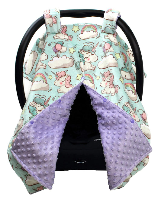 Dear Baby Gear Car Seat Canopy - Deluxe Baby Car Seat Canopy - Premium Infant Car Seat Cover - Soft and Breathable - Pastel Unicorns/Balloons/Clouds/Rainbows - Lavender Dot 30" x 40" - Agape Seven Clothing Company