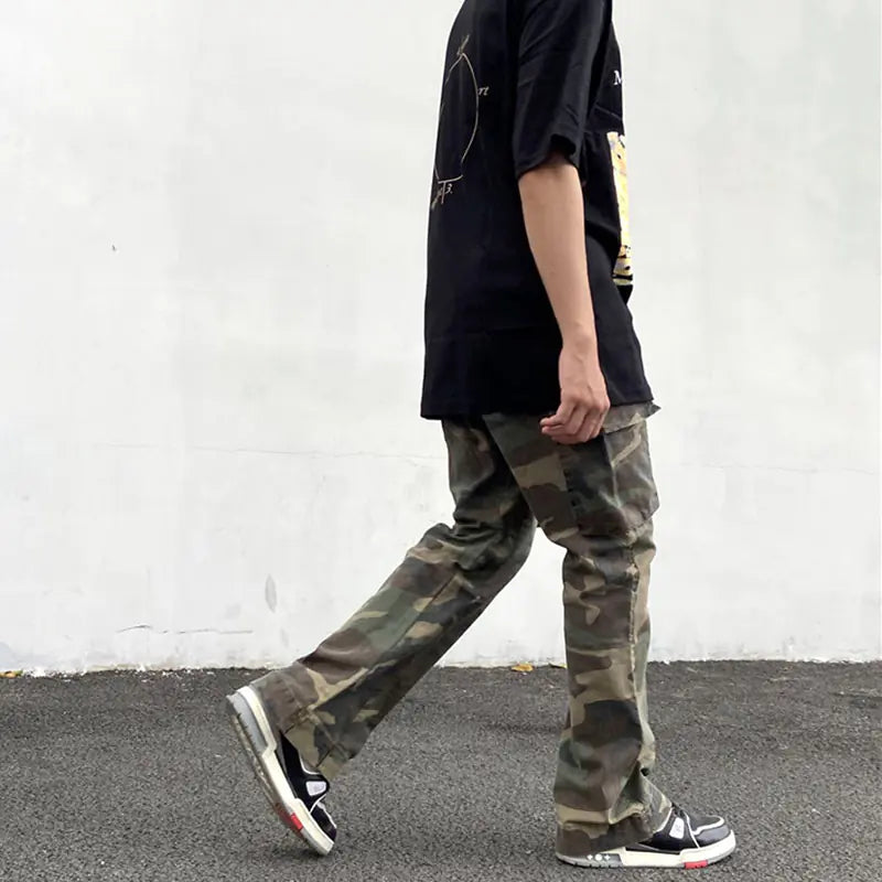 Men's Slim Fit Camouflage Cargo Flare Pants - Agape Seven Clothing Company