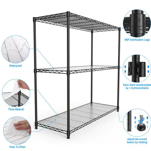 3 Tier Wire Shelving Unit, 1050 LBS NSF Height Adjustable Metal Garage Storage Shelves, Heavy Duty Storage Wire Rack Metal Shelves - Black - Agape Seven Clothing Company