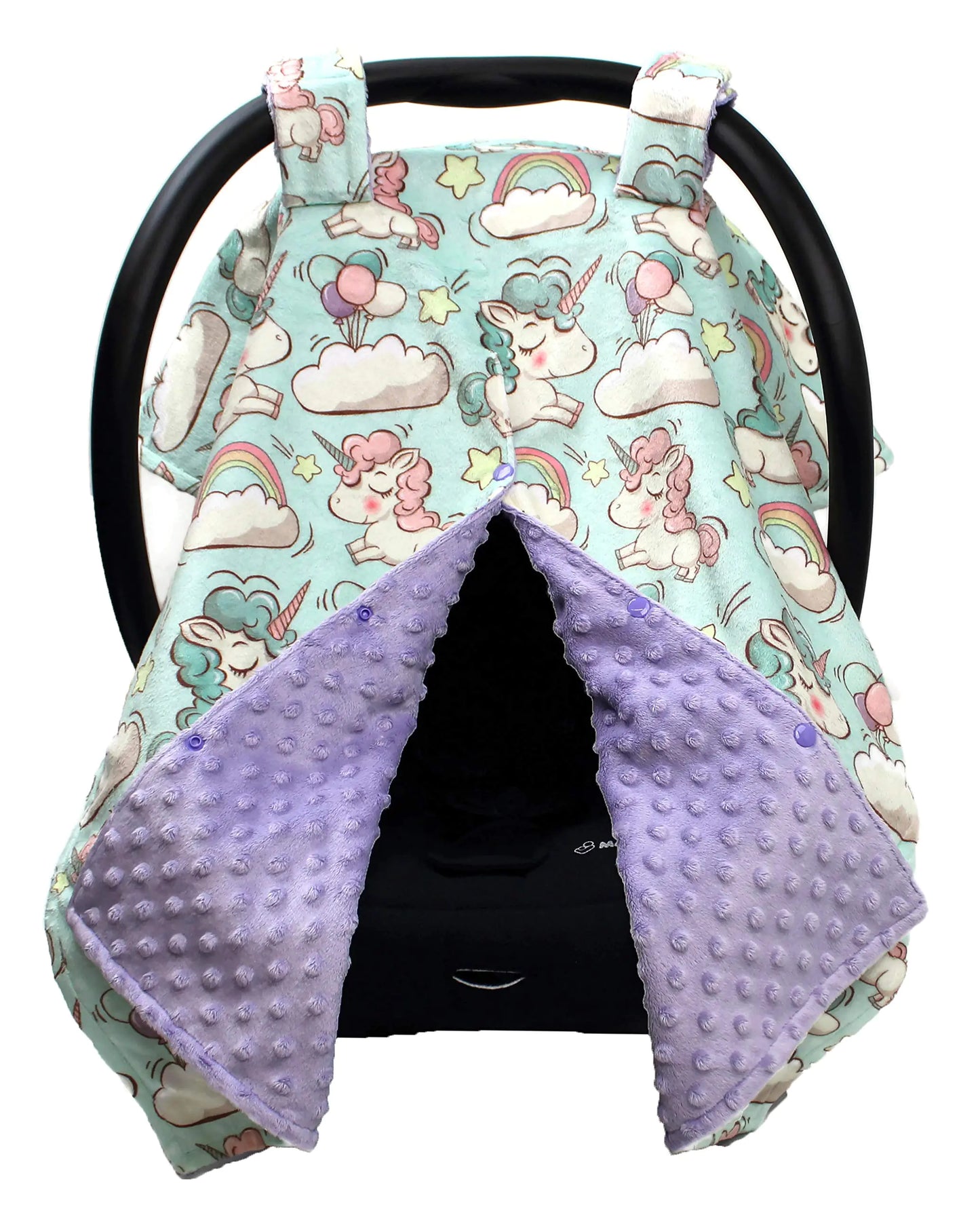 Dear Baby Gear Car Seat Canopy - Deluxe Baby Car Seat Canopy - Premium Infant Car Seat Cover - Soft and Breathable - Pastel Unicorns/Balloons/Clouds/Rainbows - Lavender Dot 30" x 40" - Agape Seven Clothing Company